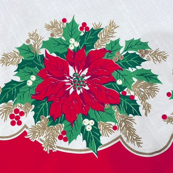 Vintage Christmas Poinsettia Tablecloth Cut Tree Skirt Retro Sewing Fabric 50s - Picture 4 of 5